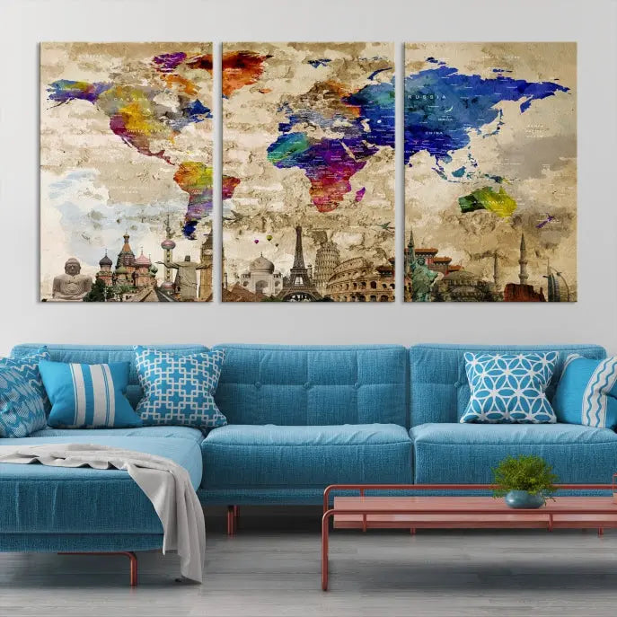 The World Map Wall Art Watercolor Canvas Print, featuring a UV-protective coating, is displayed in a cozy living room setting.