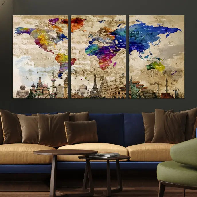 The World Map Wall Art Watercolor Canvas Print, featuring a UV-protective coating, is displayed in a cozy living room setting.