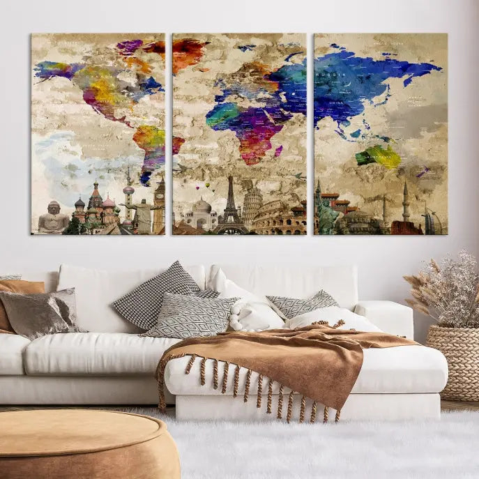 The World Map Wall Art Watercolor Canvas Print, featuring a UV-protective coating, is displayed in a cozy living room setting.