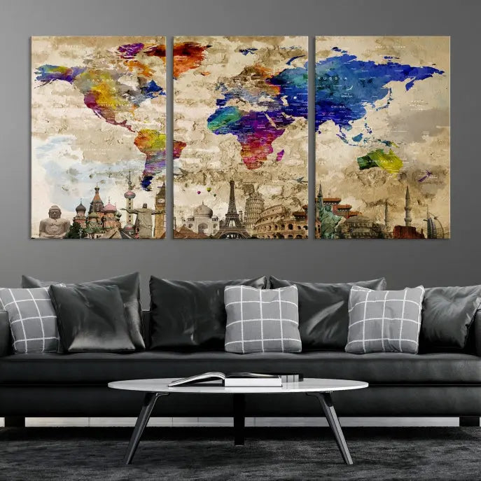 The World Map Wall Art Watercolor Canvas Print, featuring a UV-protective coating, is displayed in a cozy living room setting.