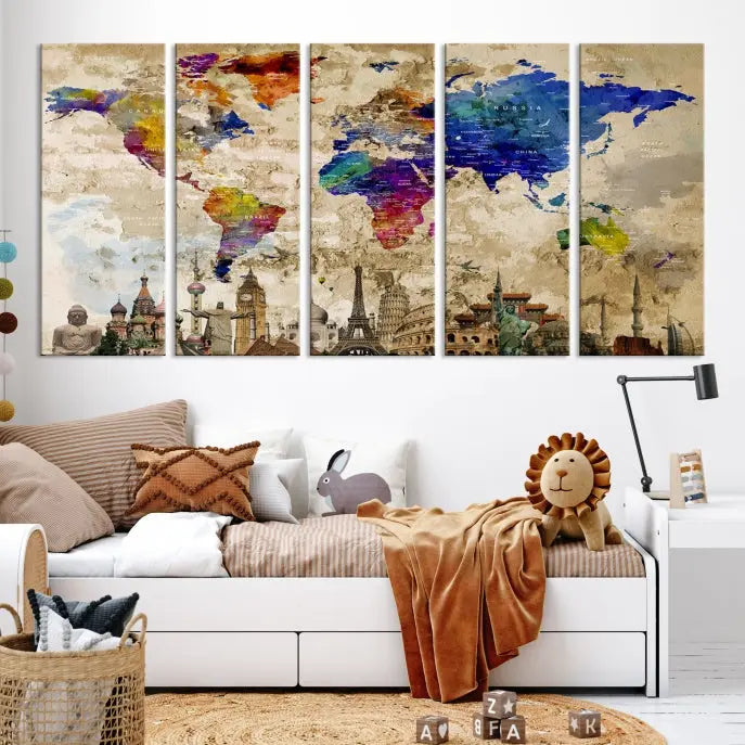 The World Map Wall Art Watercolor Canvas Print, featuring a UV-protective coating, is displayed in a cozy living room setting.