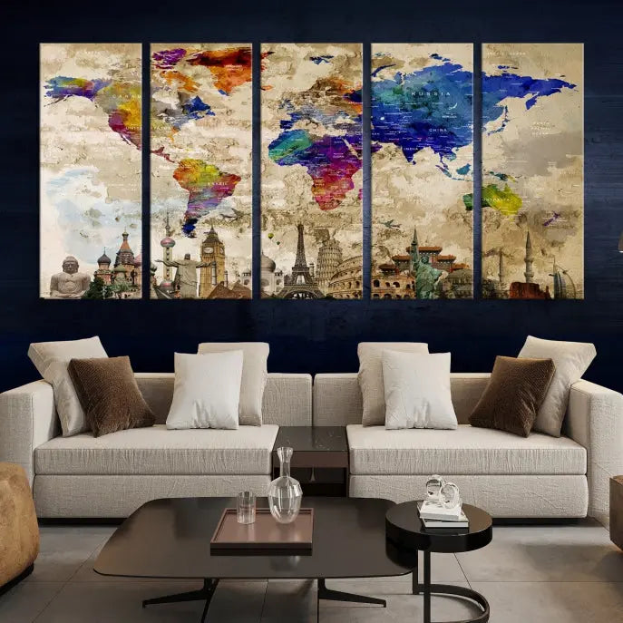 The World Map Wall Art Watercolor Canvas Print, featuring a UV-protective coating, is displayed in a cozy living room setting.