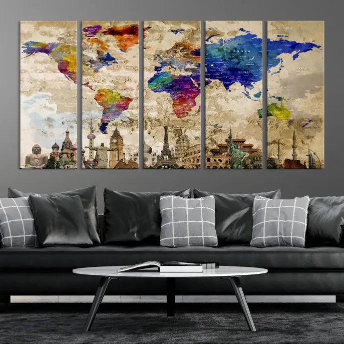 The World Map Wall Art Watercolor Canvas Print, featuring a UV-protective coating, is displayed in a cozy living room setting.