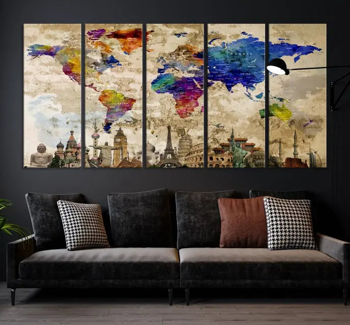 The World Map Wall Art Watercolor Canvas Print, featuring a UV-protective coating, is displayed in a cozy living room setting.