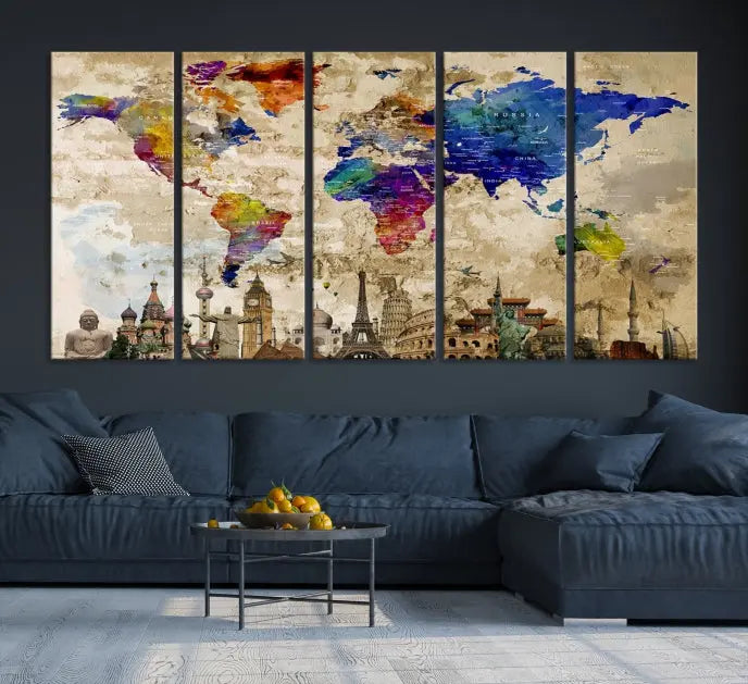 The World Map Wall Art Watercolor Canvas Print, featuring a UV-protective coating, is displayed in a cozy living room setting.