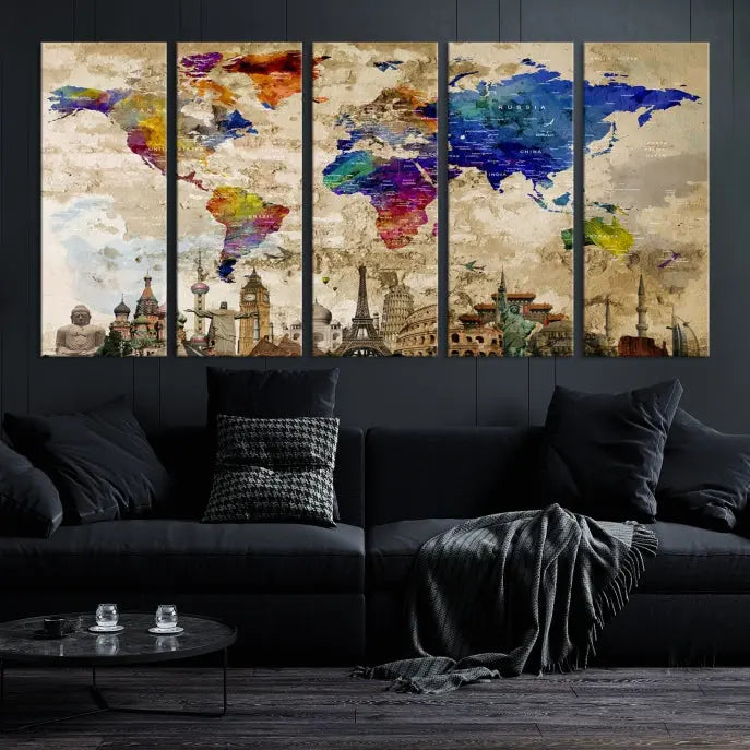 The World Map Wall Art Watercolor Canvas Print, featuring a UV-protective coating, is displayed in a cozy living room setting.