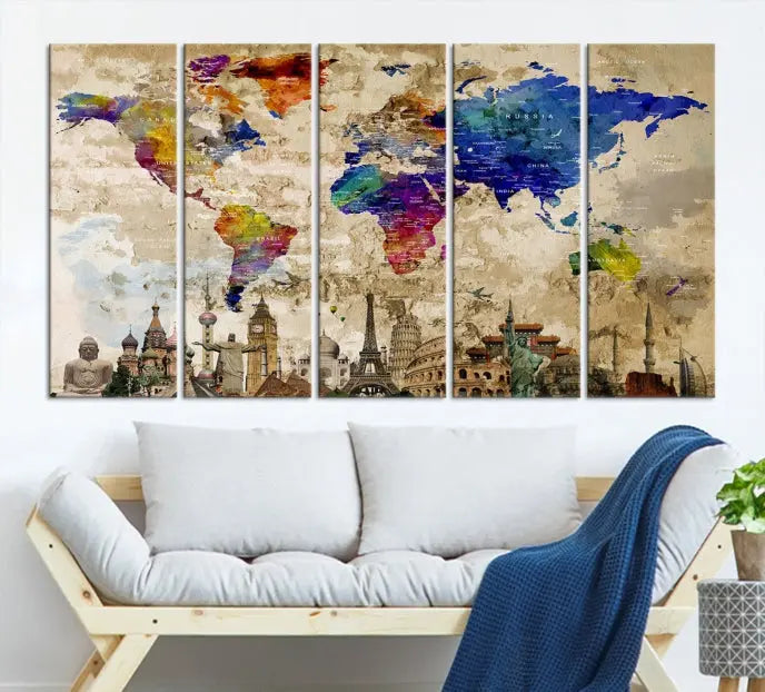 The World Map Wall Art Watercolor Canvas Print, featuring a UV-protective coating, is displayed in a cozy living room setting.