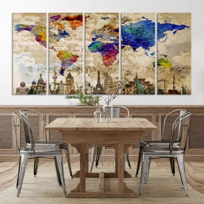 The World Map Wall Art Watercolor Canvas Print, featuring a UV-protective coating, is displayed in a cozy living room setting.