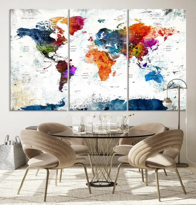 A modern living room boasting a vibrant World Map Wall Art Watercolor Map Canvas Print on the wall.