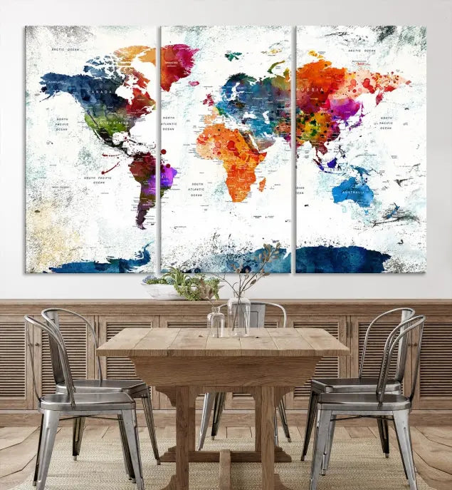 A modern living room boasting a vibrant World Map Wall Art Watercolor Map Canvas Print on the wall.