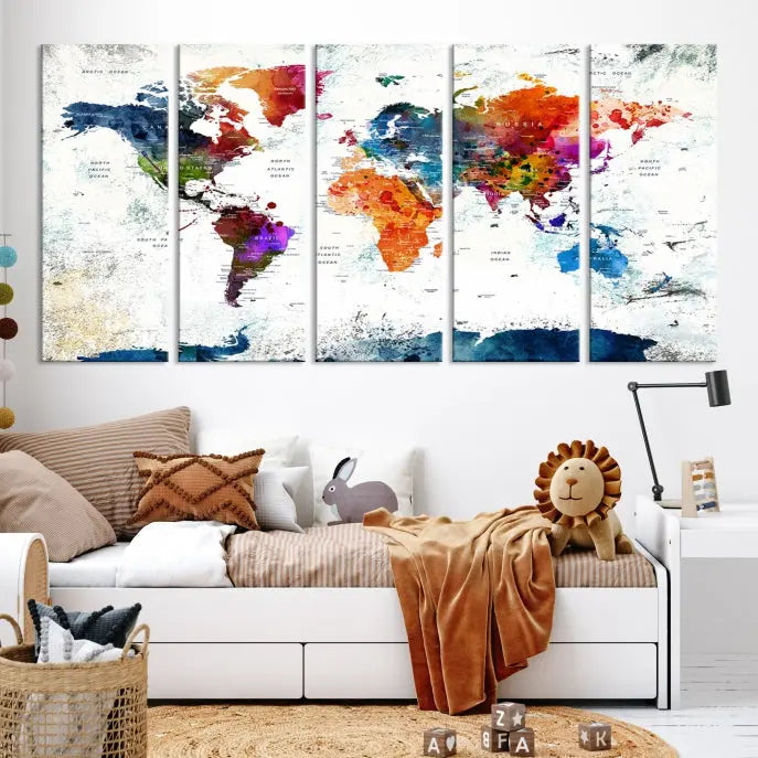 A modern living room boasting a vibrant World Map Wall Art Watercolor Map Canvas Print on the wall.