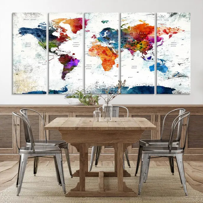 A modern living room boasting a vibrant World Map Wall Art Watercolor Map Canvas Print on the wall.