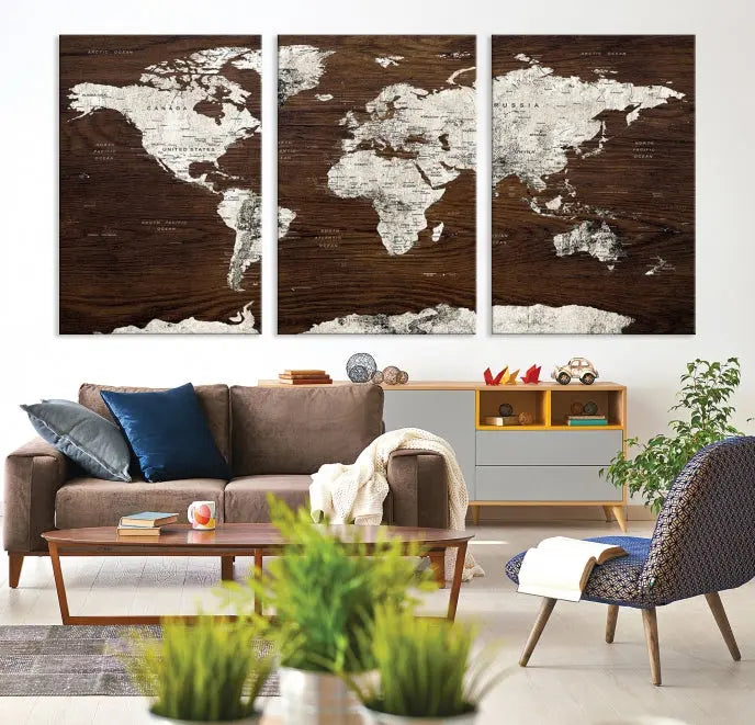 Displayed on the wall is the "World Map Wall Art on Wooden Brown Background World Map Canvas Print," crafted with museum-quality canvas and enhanced by a UV-protective coating to ensure lasting beauty.