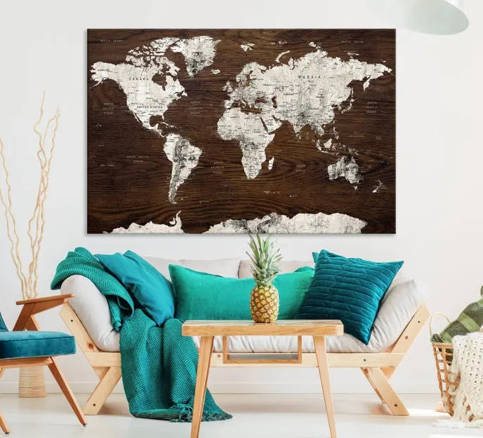 Displayed on the wall is the "World Map Wall Art on Wooden Brown Background World Map Canvas Print," crafted with museum-quality canvas and enhanced by a UV-protective coating to ensure lasting beauty.