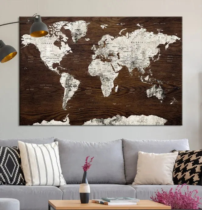 Displayed on the wall is the "World Map Wall Art on Wooden Brown Background World Map Canvas Print," crafted with museum-quality canvas and enhanced by a UV-protective coating to ensure lasting beauty.