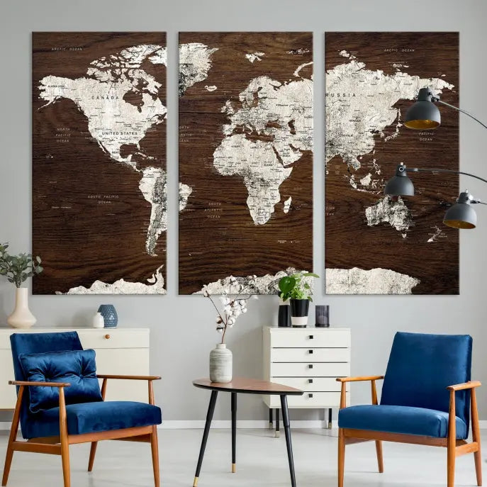 Displayed on the wall is the "World Map Wall Art on Wooden Brown Background World Map Canvas Print," crafted with museum-quality canvas and enhanced by a UV-protective coating to ensure lasting beauty.