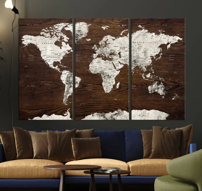 Displayed on the wall is the "World Map Wall Art on Wooden Brown Background World Map Canvas Print," crafted with museum-quality canvas and enhanced by a UV-protective coating to ensure lasting beauty.