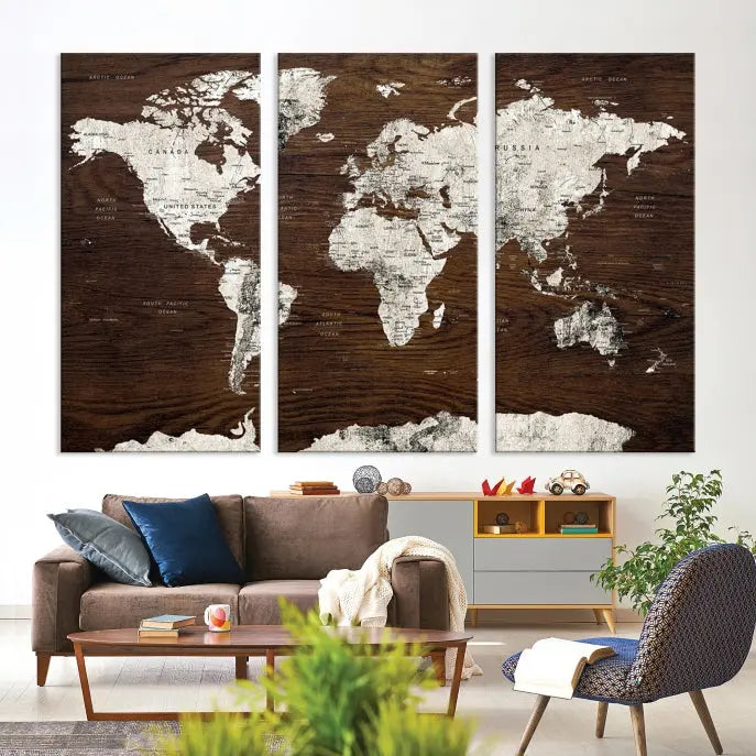 Displayed on the wall is the "World Map Wall Art on Wooden Brown Background World Map Canvas Print," crafted with museum-quality canvas and enhanced by a UV-protective coating to ensure lasting beauty.