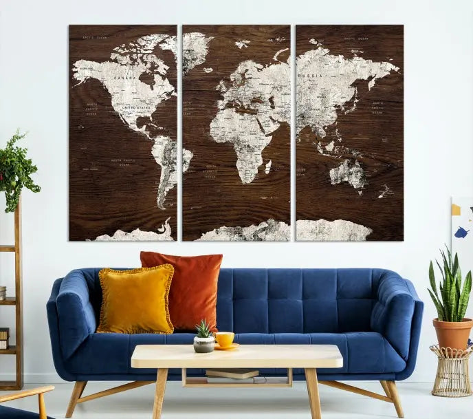 World Map Wall Art on Wooden Brown Background World Map Canvas Print 