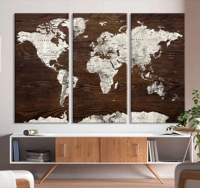 World Map Wall Art on Wooden Brown Background World Map Canvas Print 