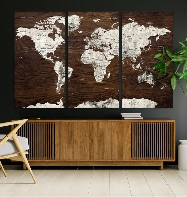 World Map Wall Art on Wooden Brown Background World Map Canvas Print 