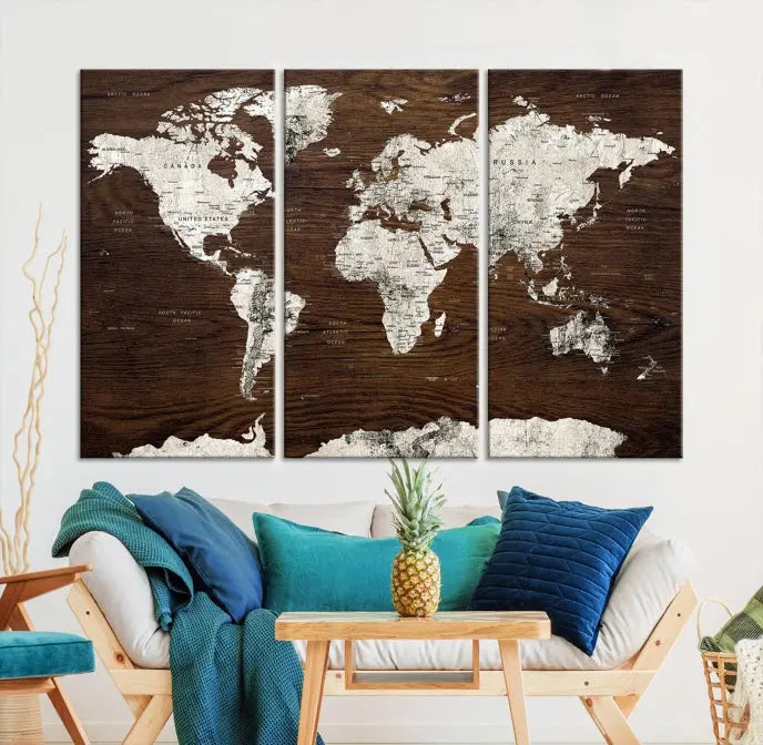 World Map Wall Art on Wooden Brown Background World Map Canvas Print 