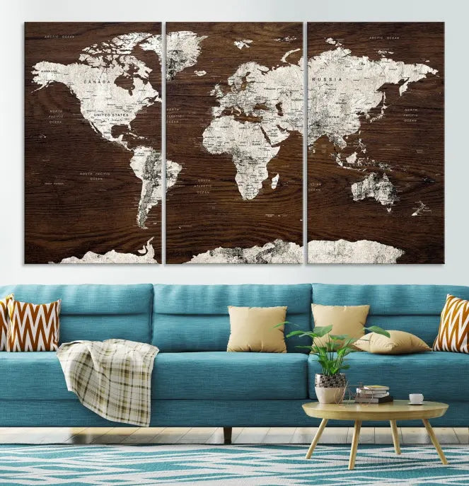 World Map Wall Art on Wooden Brown Background World Map Canvas Print 