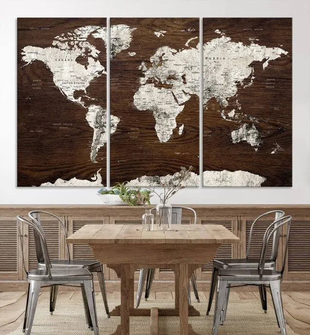 World Map Wall Art on Wooden Brown Background World Map Canvas Print 