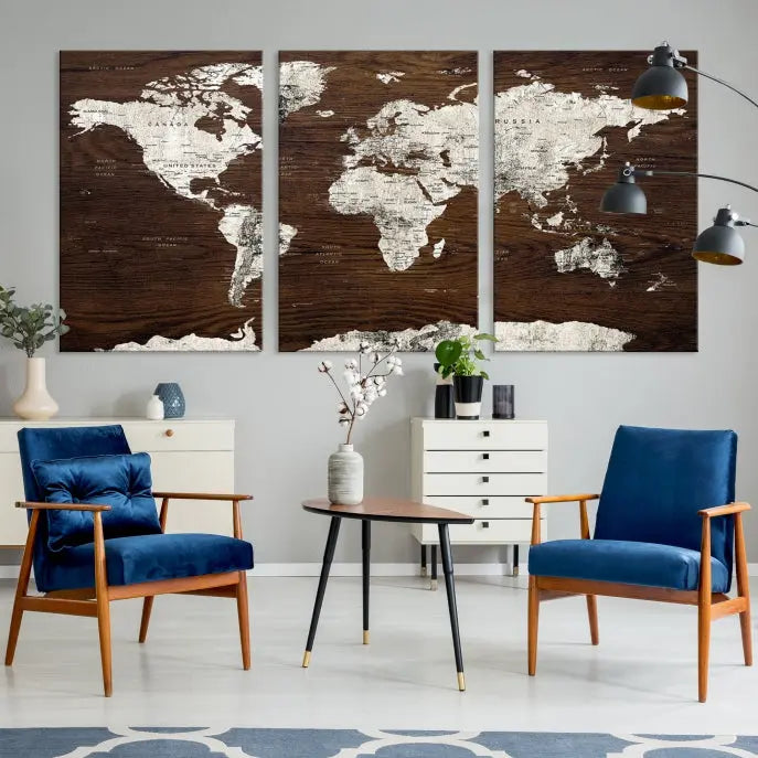 World Map Wall Art on Wooden Brown Background World Map Canvas Print 