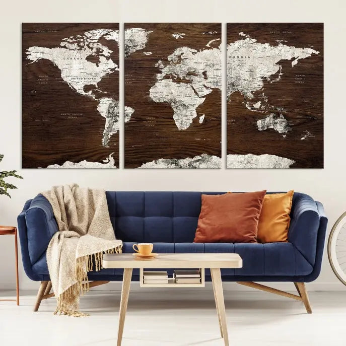 World Map Wall Art on Wooden Brown Background World Map Canvas Print 