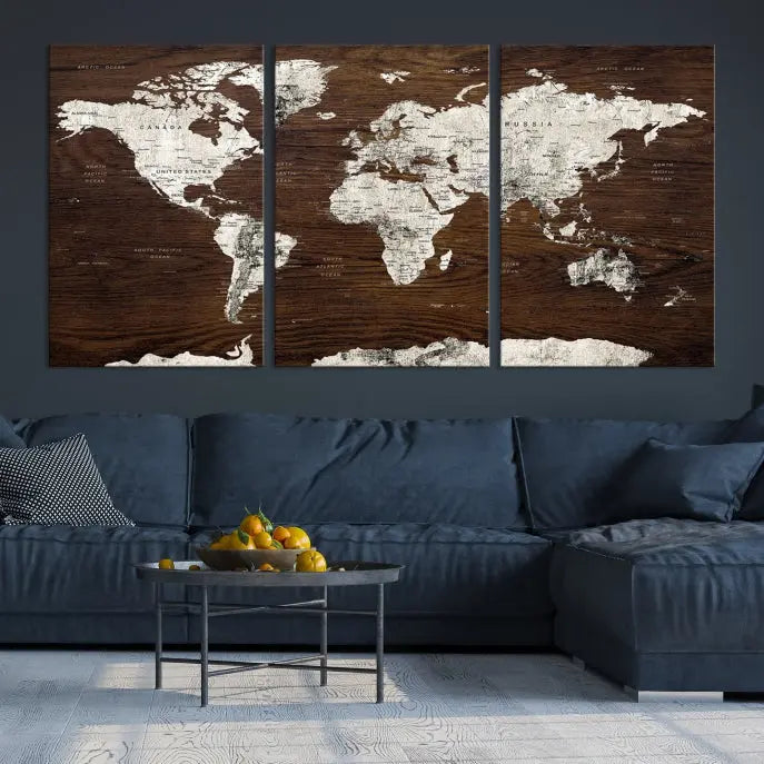 World Map Wall Art on Wooden Brown Background World Map Canvas Print 