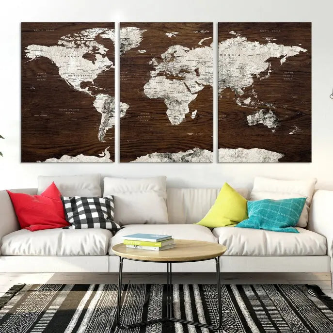 World Map Wall Art on Wooden Brown Background World Map Canvas Print 