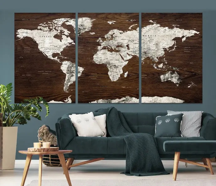 World Map Wall Art on Wooden Brown Background World Map Canvas Print 