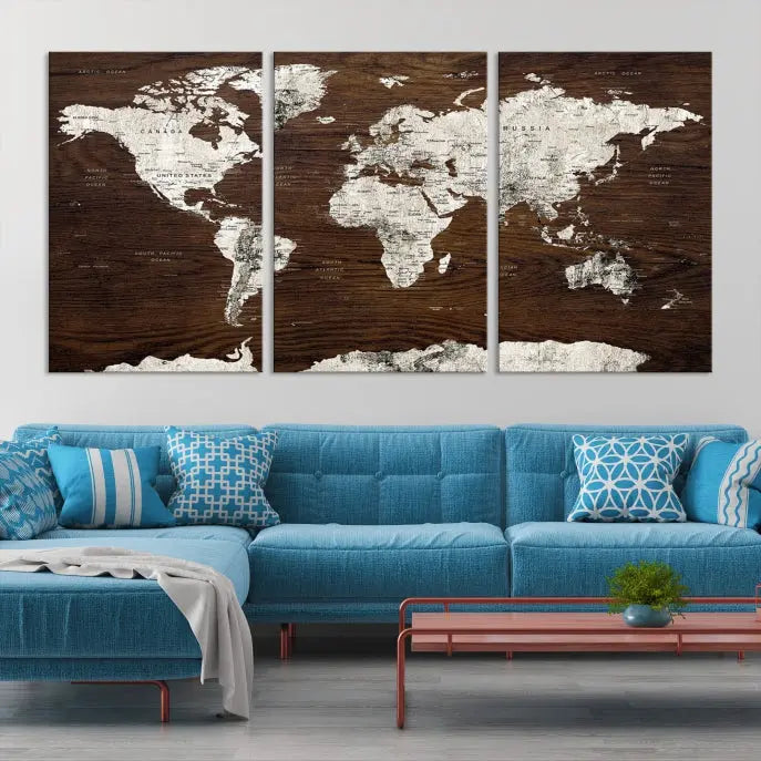 Displayed on the wall is the "World Map Wall Art on Wooden Brown Background World Map Canvas Print," crafted with museum-quality canvas and enhanced by a UV-protective coating to ensure lasting beauty.