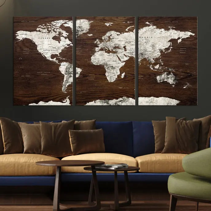 Displayed on the wall is the "World Map Wall Art on Wooden Brown Background World Map Canvas Print," crafted with museum-quality canvas and enhanced by a UV-protective coating to ensure lasting beauty.