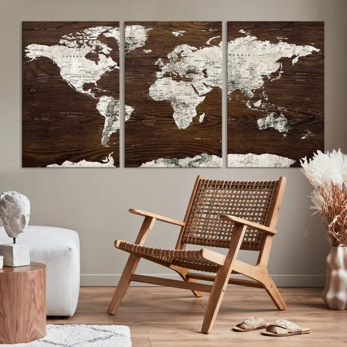 Displayed on the wall is the "World Map Wall Art on Wooden Brown Background World Map Canvas Print," crafted with museum-quality canvas and enhanced by a UV-protective coating to ensure lasting beauty.