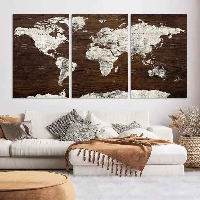 Displayed on the wall is the "World Map Wall Art on Wooden Brown Background World Map Canvas Print," crafted with museum-quality canvas and enhanced by a UV-protective coating to ensure lasting beauty.