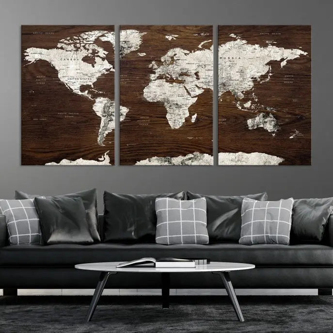 World Map Wall Art on Wooden Brown Background World Map Canvas Print 