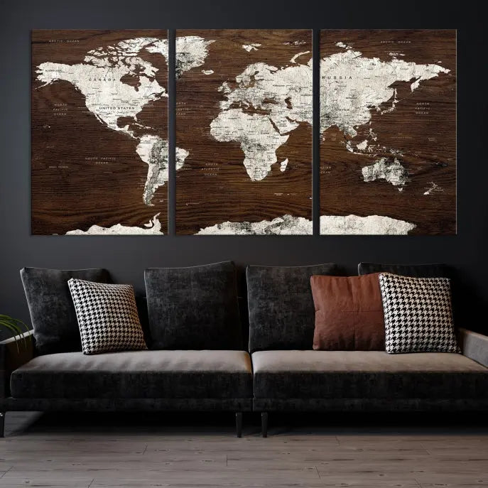 World Map Wall Art on Wooden Brown Background World Map Canvas Print 