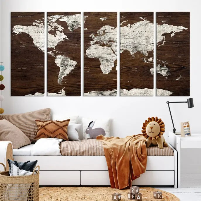 World Map Wall Art on Wooden Brown Background World Map Canvas Print 