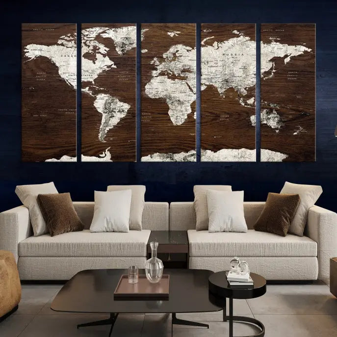 World Map Wall Art on Wooden Brown Background World Map Canvas Print 