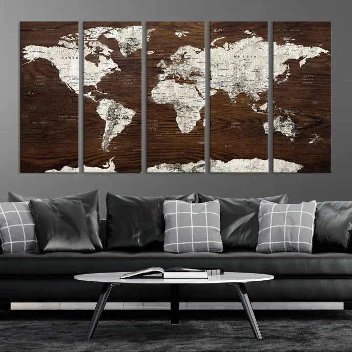 World Map Wall Art on Wooden Brown Background World Map Canvas Print 