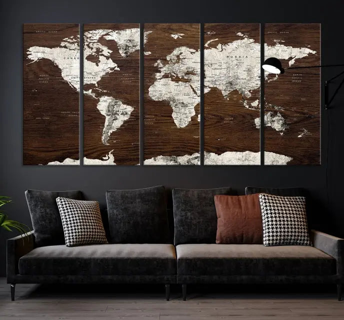 World Map Wall Art on Wooden Brown Background World Map Canvas Print 