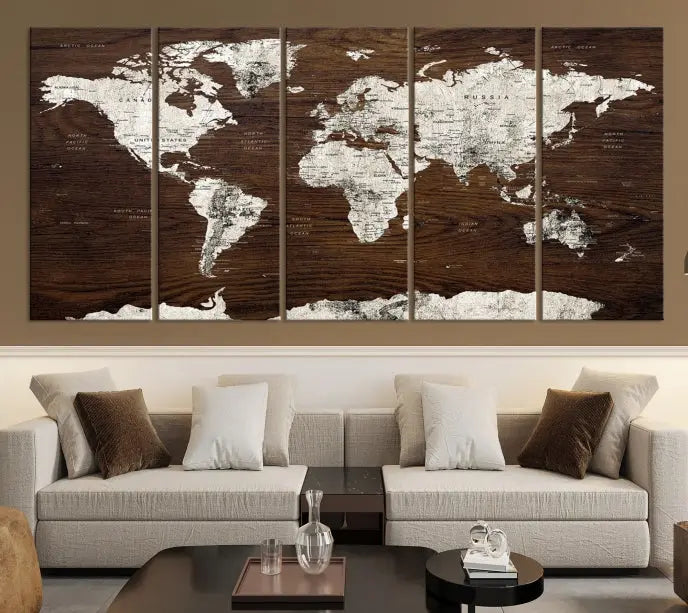 World Map Wall Art on Wooden Brown Background World Map Canvas Print 