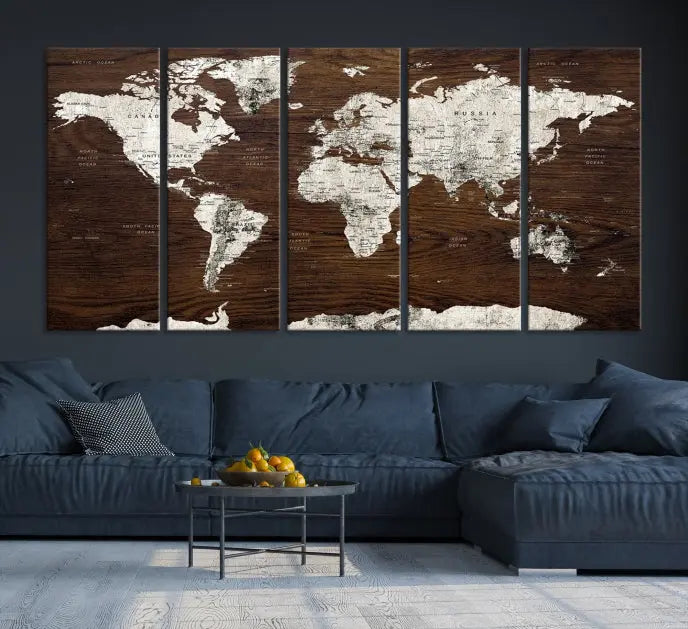 World Map Wall Art on Wooden Brown Background World Map Canvas Print 