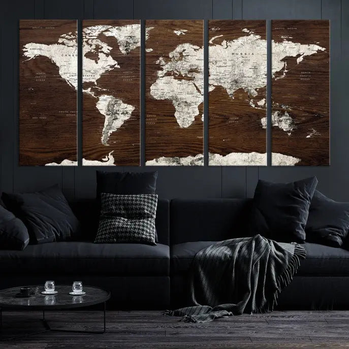 World Map Wall Art on Wooden Brown Background World Map Canvas Print 