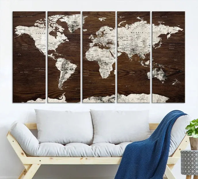 World Map Wall Art on Wooden Brown Background World Map Canvas Print 