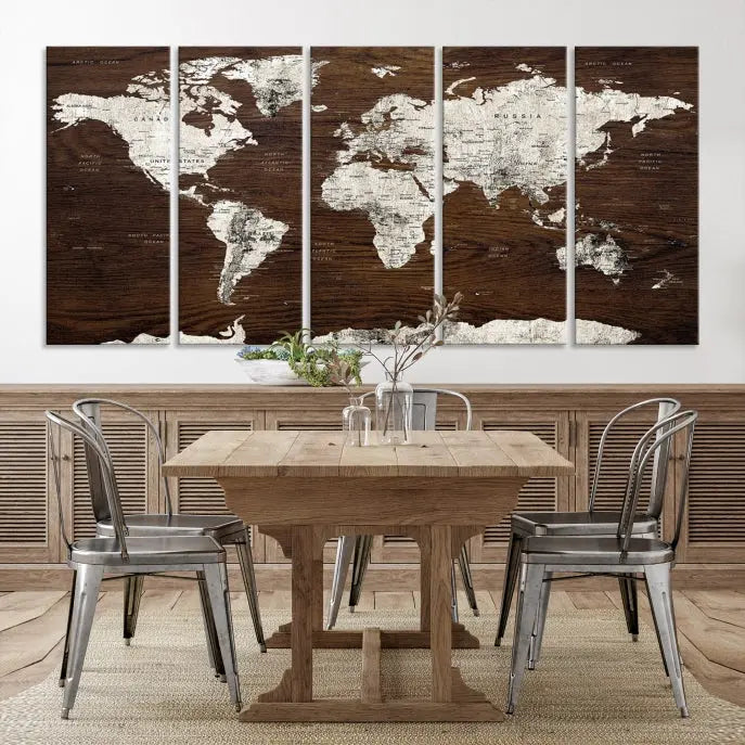 World Map Wall Art on Wooden Brown Background World Map Canvas Print 