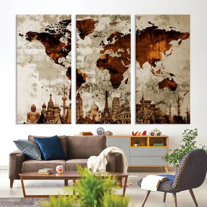 The living room showcases a triptych wall art on museum-quality canvas depicting the Wonders of the World.