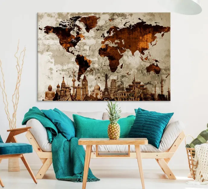 The living room showcases a triptych wall art on museum-quality canvas depicting the Wonders of the World.